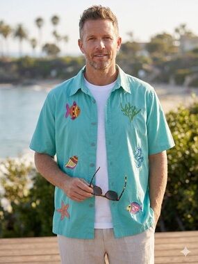 Men's Turquoise Embroidered Short-Sleeve Shirt - Casual Beach Style